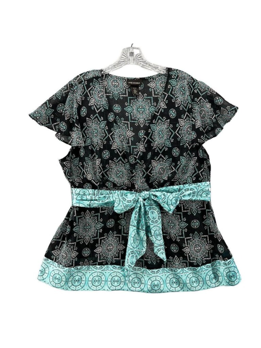 Lane Bryant Womens Plus Size 14/16 Black & Teal Belted Short Sleeve Top V Neck